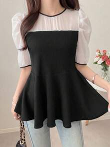 FRIFUL Women's Contrast Color Patchwork Sheer Lace Slim Fit T-Shirt, Versatile For Spring & Summer - Black - View 6