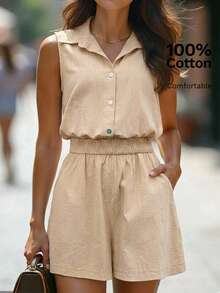 EMERY ROSE 女士纯色纽扣口袋无袖连体衣 - 卡其色 - 查看 1