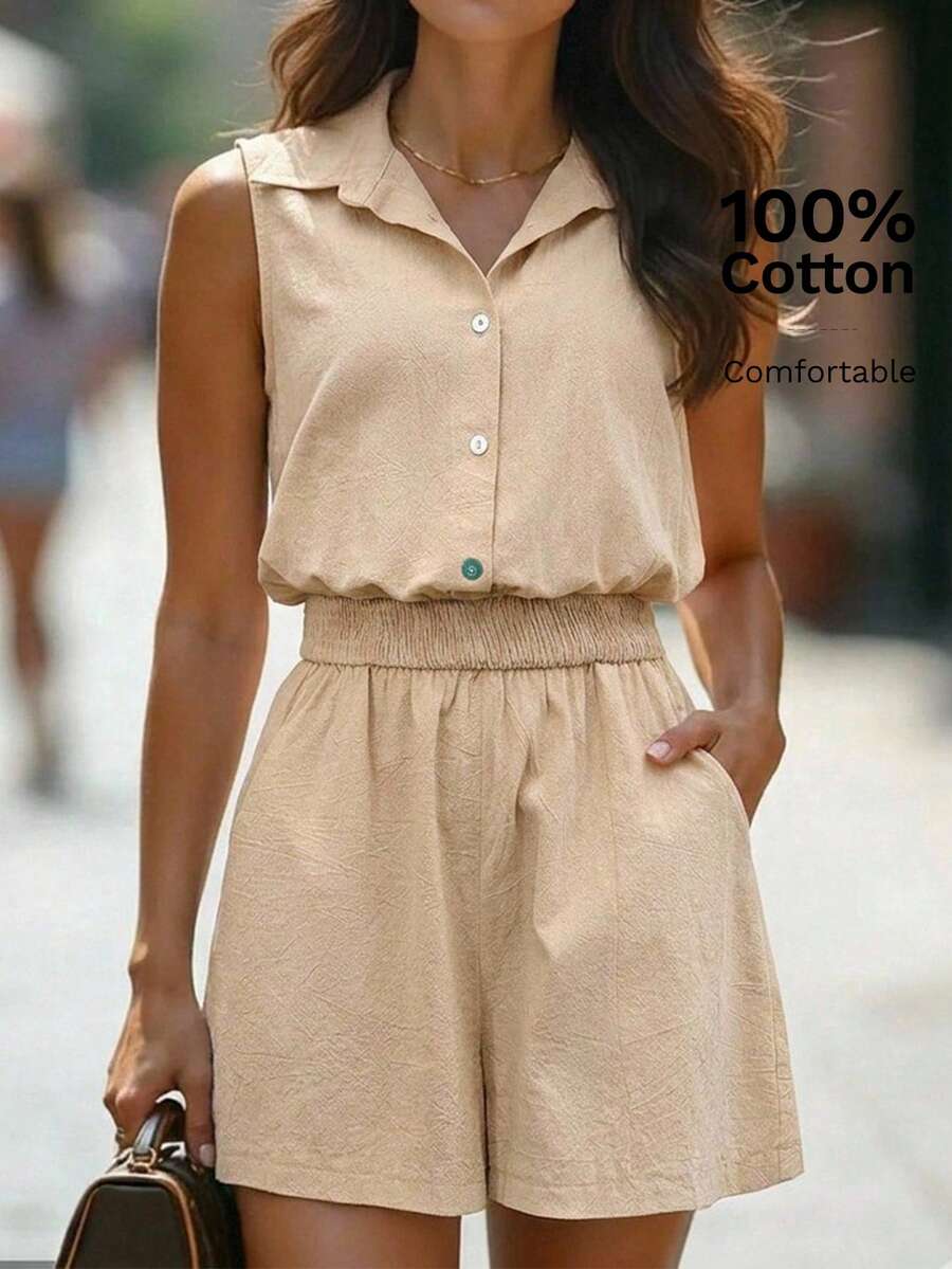 EMERY ROSE 女士纯色纽扣口袋无袖连体衣 - 卡其色 - 查看 1