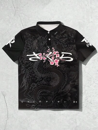 ROMWE MEN Grunge Punk Men's Floral Print Short Sleeve Casual Commuter Polo Shirt