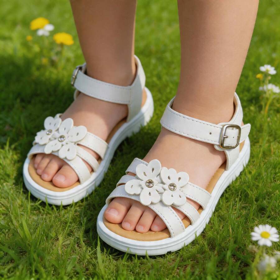 Synthetic Cut Sandal For Girl With Buckle - Putih - View 1