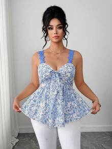 Elenzga Plus Size Women's Elegant Floral Print Ruffle Trim Camisole Top With Cinched Waist, Summer - Blue - View 4