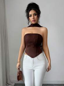 Elenzga Áo kiểu cúp ngực ren phối họa tiết gợi cảm, thích hợp cho tiệc tốt nghiệp, kỳ nghỉ, hẹn hò, đi biển, hoạt động ngoài trời, sinh nhật, màu nâu, áo nữ thanh lịch, áo ren sang trọng, trang phục dự đám cưới, trang phục đi nghỉ mát. - màu nâu - Xem 6