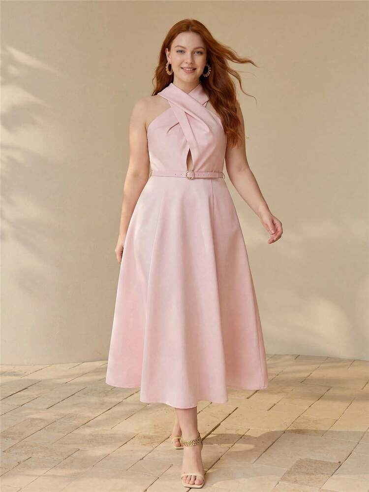 WOMEN'S PLUS HALTER CINCHED WAIST FLARED DRESS, SPRING/SUMMER