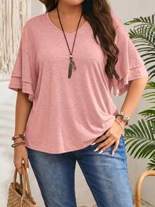 EMERY ROSE Camiseta casual de talla grande con cuello en V y mangas con volantes de unicolor - Rosa - Ver 1