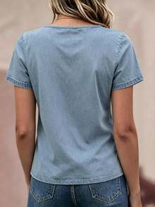 EMERY ROSE 女款牛仔效果上衣，半拉鍊休閒舒適上衣，適合日常休閒穿著 - 彩色 - 查看 2