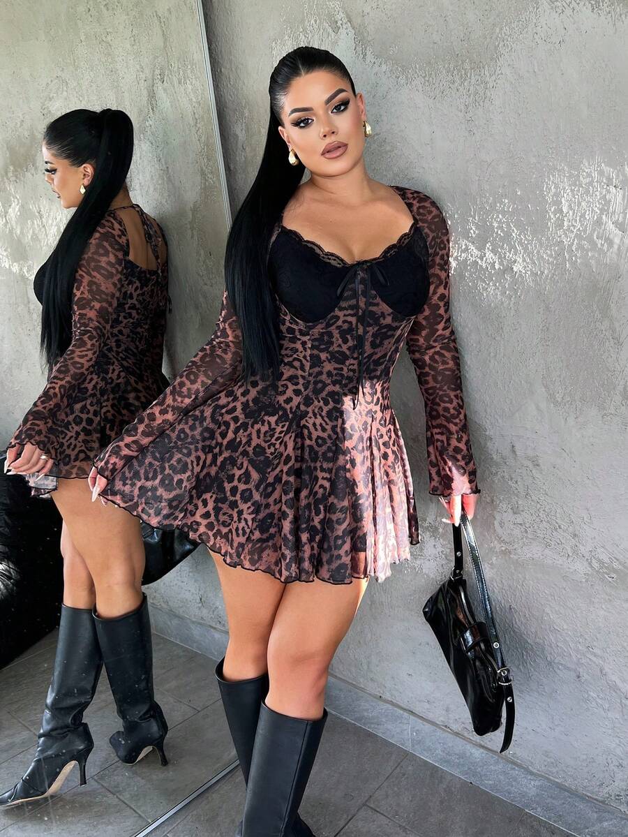 复古性感腰部收紧长袖豹纹网眼撞色蕾丝露背迷你连衣裙，街头风格，秋冬 - 彩色 - 查看 1