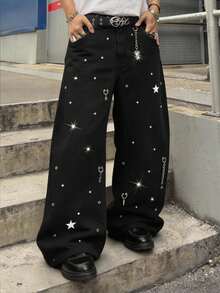 ROMWE MEN Casual Men's Star & Moon Decor Pendant Jeans - Black - View 11