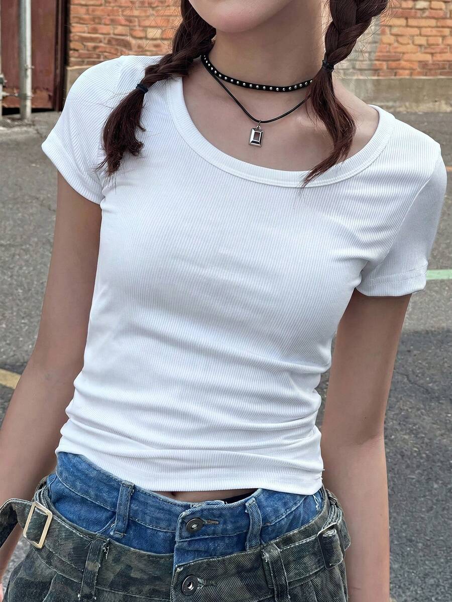 Dazy Kids Teen Girl Fitted Solid Color Short Sleeve T-Shirt Summer - White - View 1