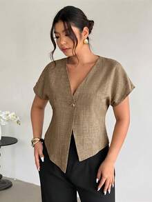 Firerie Plus Size Women V-Neck Single-Breasted Casual Versatile Daily Wear Shirt Linen Tops For Women Curve Linen Tops Plus Size - Khaki - View 1