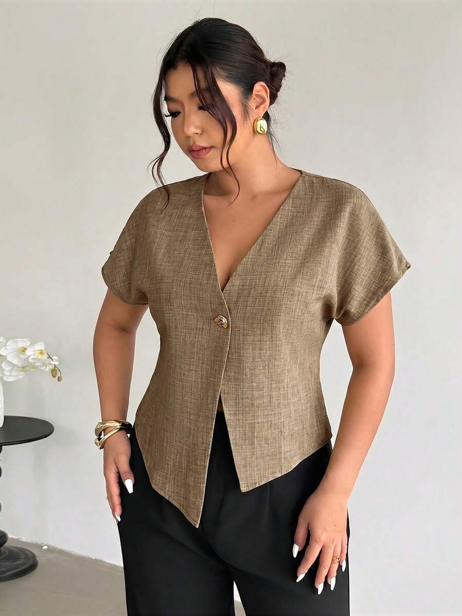 Firerie Plus Size Women V-Neck Single-Breasted Casual Versatile Daily Wear Shirt Linen Tops For Women Curve Linen Tops Plus Size - Khaki - View 1