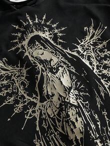 ROMWE Grunge Punk 朋克风女式T恤，金色箔印祈祷文，性感复古小众设计，后背镂空 - 黑色 - 查看 3