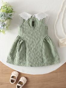 SHEIN Elladie kids 女婴花卉刺绣甜美公主连衣裙，无袖黄色花卉面料夏季连衣裙 - 綠色 - 查看 2