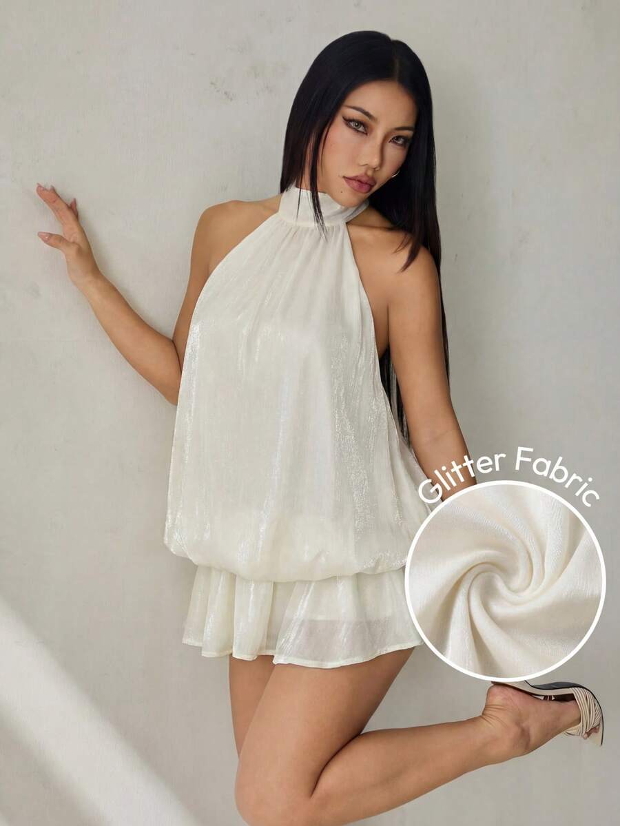 SHEIN PETITE 女款優雅米白色掛脖繫帶迷你洋裝,花卉泡泡下擺亮面布料,70年代風夏季派對度假約會穿搭,適合小個女生的夏季洋裝 - 杏色 - 查看 1