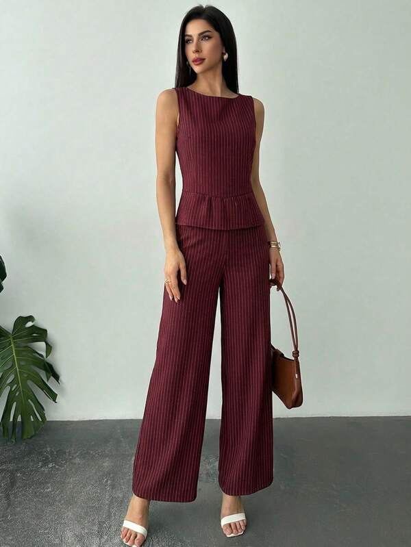 Traje Conjunto de Pantalón y Blusa Peplum Sin Mangas con Rayas Elegante para Mujer