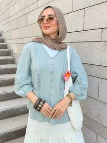 Mulvari 女士度假时尚镂空珍珠纽扣衬衫 - 綠色 - 查看 3