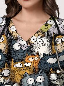 PopScrub Plus Size Women's V-Neck Short Sleeve Scrub Top With Pocket, Slit Design, Fashionable Line Cat Print, Suitable For Spring/Summer Nurse Scrub Work - Multicolor - View 3