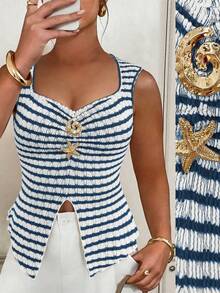 Plus Size Women Striped Metal Decor Casual Versatile Daily Wear Top - Navy Blue - View 1