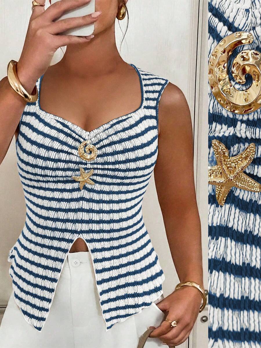 Plus Size Women Striped Metal Decor Casual Versatile Daily Wear Top - Navy Blue - View 1