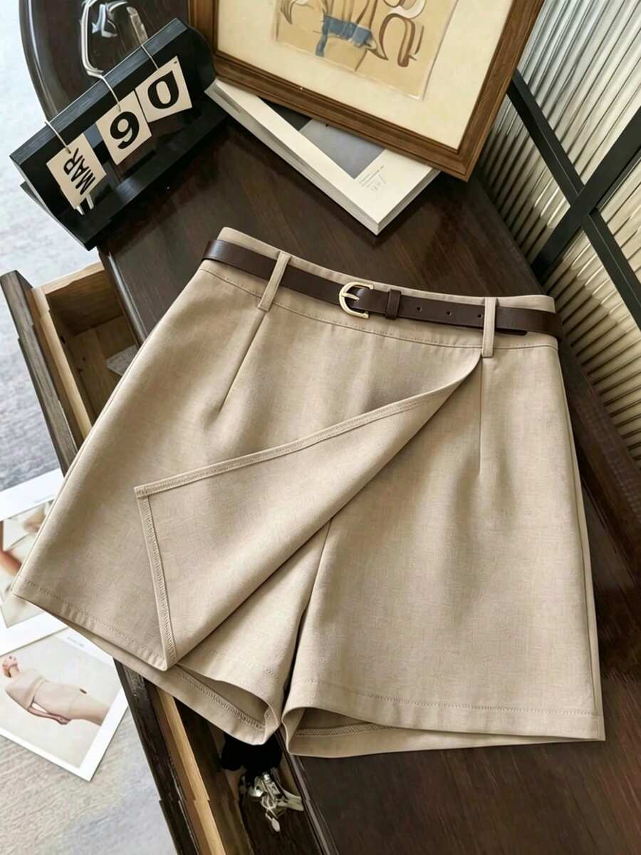 Franclia Summer Shorts, Spring Wear Shorts, Spring Summer Elegant Vacation Wear Women's Elegant Party Shorts, Spring Summer Women's Shorts, Women's Khaki Shorts, New Style Waist Slimming Women's Shorts, Women's Casual Wear Shorts, Women's Daily Commuting Wear Shorts, Women's Comfortable Wear Shorts, Women's Summer Vacation Wear Shorts. - Khaki - View 1