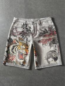 ROMWE MEN Street Life Quần short denim nam kiểu dáng thường ngày in hình hổ, thích hợp cho mùa hè. - Xám - Xem 1