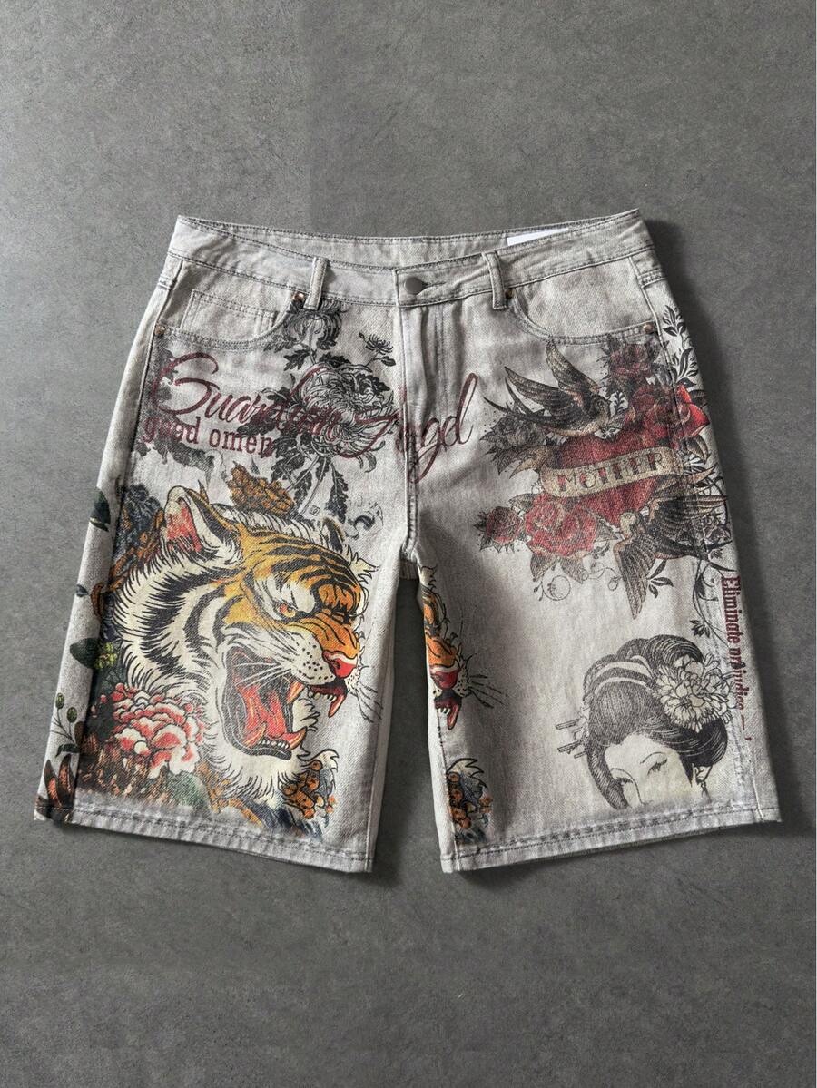 ROMWE MEN Street Life Quần short denim nam kiểu dáng thường ngày in hình hổ, thích hợp cho mùa hè. - Xám - Xem 1