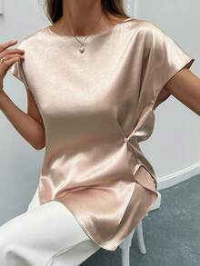 DAZY Women's Solid Color Asymmetric Hem Short Sleeve Elegant Sexy Formal Golf Summer Top Blouse Teachers' Day Pastal School Vacation - Pink - View 2
