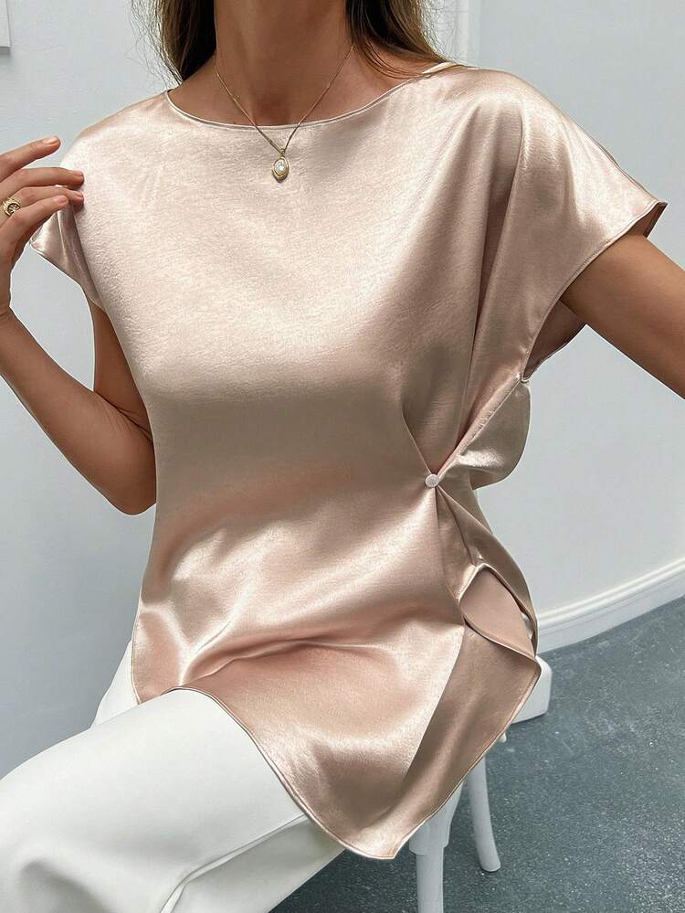Women's Solid Color Asymmetric Hem Short Sleeve Elegant Formal Summer Top Blouse