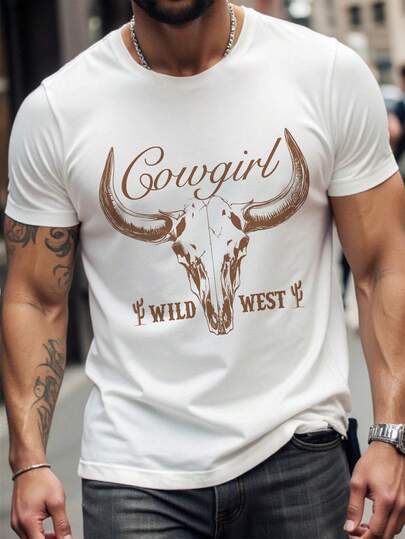 Solurane Camiseta casual con estampado de calavera y letras del Salvaje Oeste, ajuste estándar, cuello redondo blanco, esencial para citas y reuniones, atuendo, adecuado como regalo para el novio