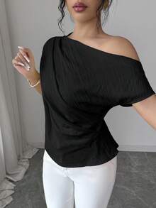 Elenzga Blusa de mujer nueva para primavera/verano, de diseño asimétrico elegante en los hombros, con textura plisada, de unicolor minimalista, holgada y favorecedora, adecuada para festivales, reuniones, uso casual y laboral, con bajo curvo, en color amarillo claro - Negro - Ver 4