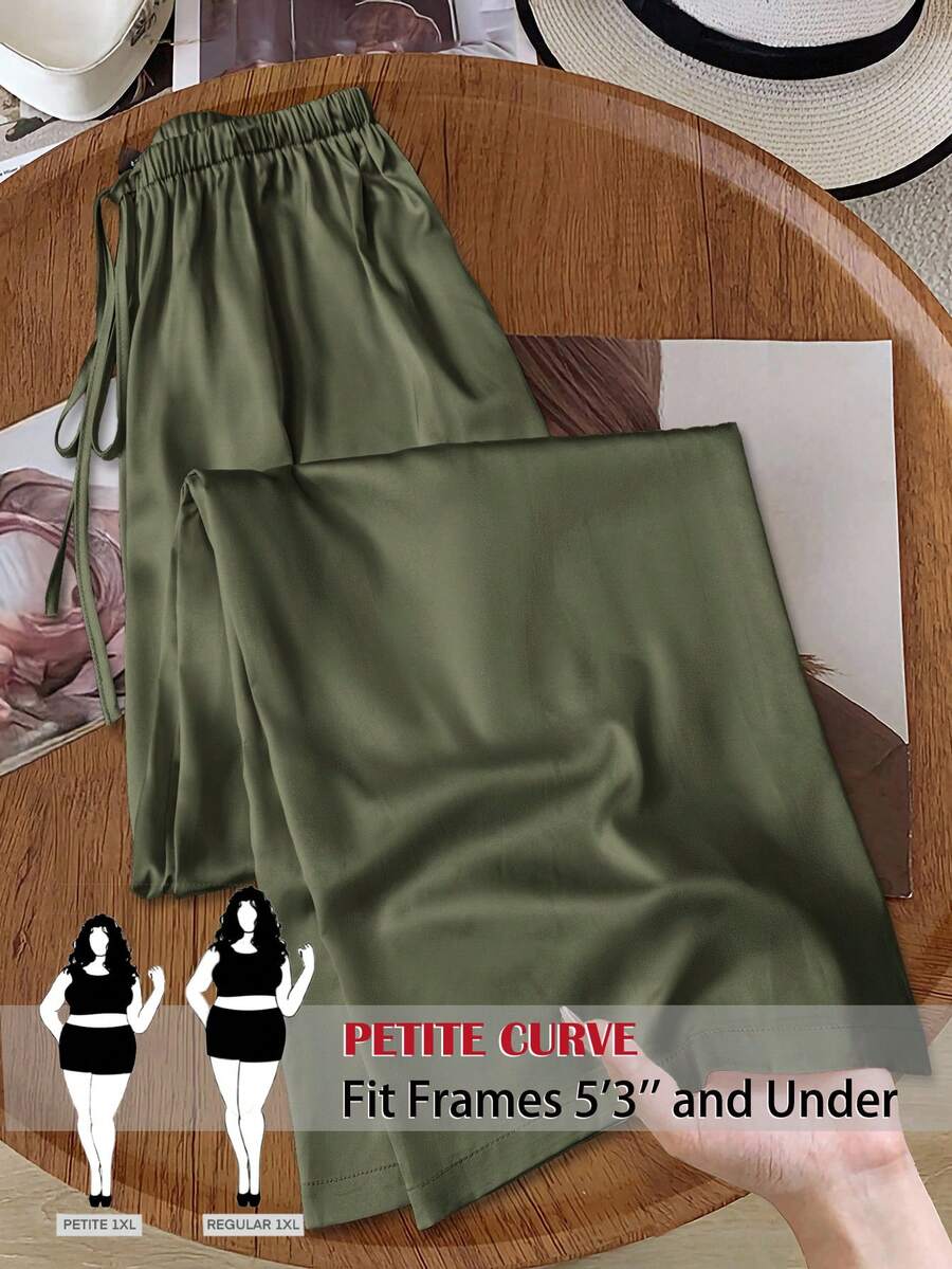 SHEIN PETITE CURVE 大码休闲纯色宽松裤 - 綠色 - 查看 1