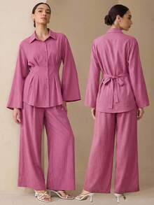 Graceveil Bộ 2 món: Áo sơ mi cổ bẻ tay loe buộc dây phía trước và quần ống rộng, màu đỏ. - Đỏ - Xem 8