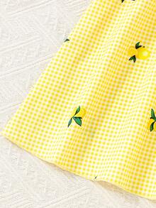 SHEIN Young Girl Lemon Print Gingham Sleeveless A-Line Sundress With Matching Hat - Yellow - View 6
