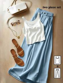 Franclia 2pcs Women Satin Camisole And Pants Set - White - View 1