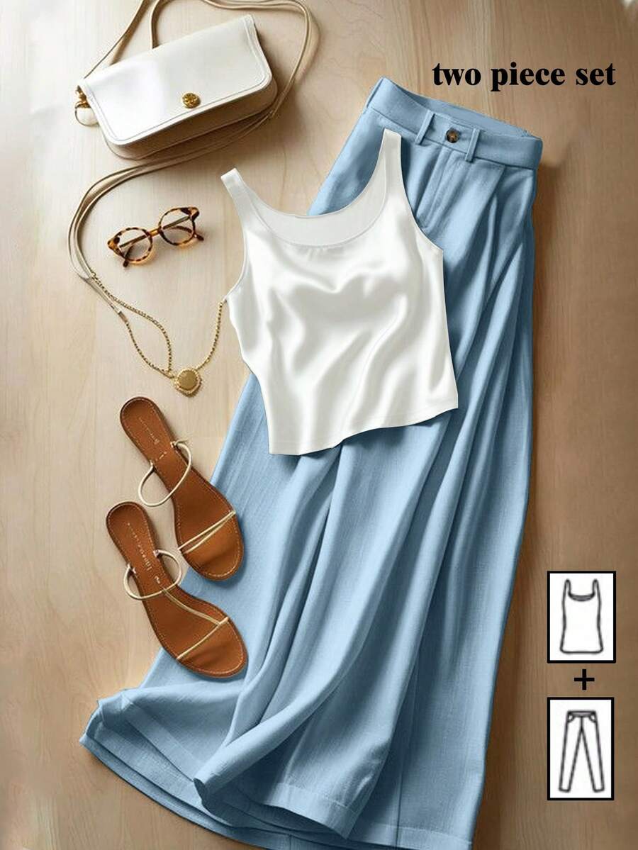 Franclia 2pcs Women Satin Camisole And Pants Set - White - View 1