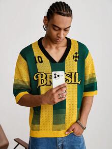 GALLERY FADE Men's Contrast Stripe & Letter Print V-Neck Short Sleeve Knit Top - Yellow - View 5