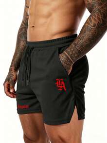 GymBeat Pantalones cortos deportivos con estampado de letras para hombre, gimnasio - Negro - Ver 3