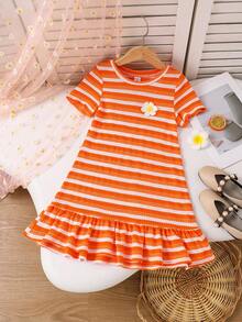 SHEIN Đầm dệt kim kẻ sọc cổ tròn họa tiết hoa 3D cho bé gái, kiểu dáng thường ngày. - Màu Cam cháy - Xem 3