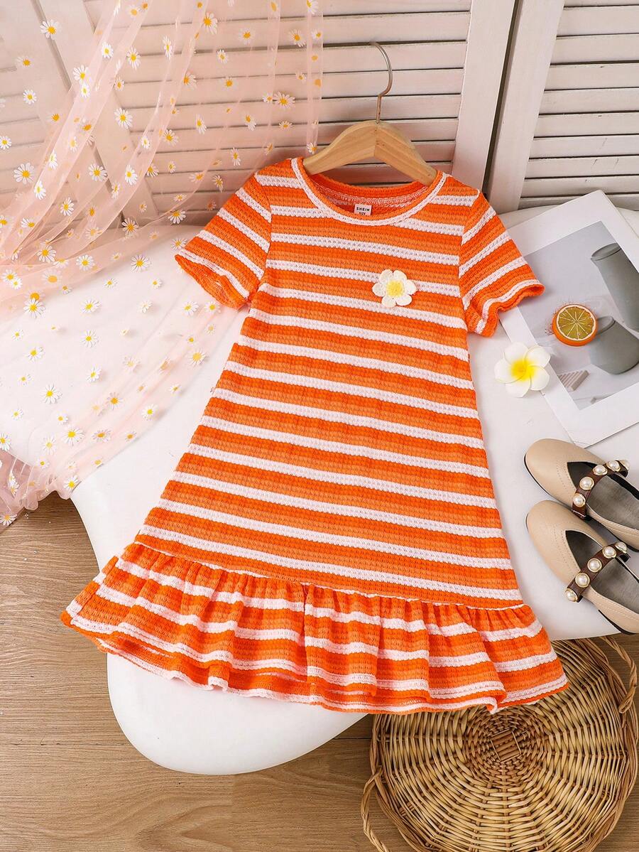 Đầm dệt kim kẻ sọc cổ tròn họa tiết hoa 3D cho bé gái, kiểu dáng thường ngày. - Màu Cam cháy - Xem 1