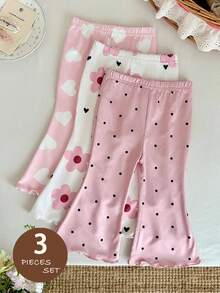 LMoss Kids 3pcs Baby Girl Knitted Polka Dot & Floral Heart Pattern Jumpsuit & Flare Pants Set - Multicolor - View 3