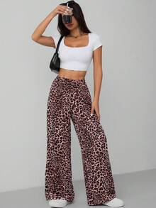 SHEIN PETITE Leopard Print Women's Wide Leg Trousers - Multicolor - View 5