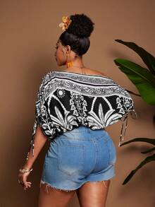 Maweii Plus Size Women's Abstract Print Drawstring Ruched Casual Top - Black and White - View 2