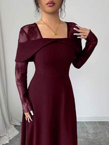 Modelyn Đầm maxi dài tay ren thanh lịch, trễ vai, eo thắt, dáng xòe dành cho nữ, màu xanh navy. - Màu Đỏ Sâu - Xem 4