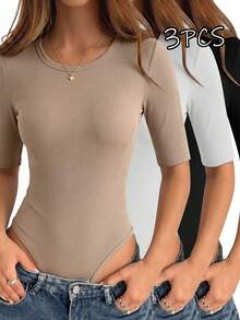 Selamara 3件套女士纯色圆领插肩短袖罗纹修身连体衣套装，夏季 - 彩色 - 查看 6