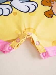 TOM & JERRY X SHEIN Áo liền quần tay ngắn cổ tròn in hình hoạt hình cho bé gái sơ sinh/trẻ nhỏ - Màu vàng - Xem 6