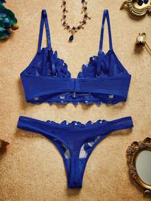 PinupPomp 2pcs/Set French Classic Black V-Neck Lingerie Bra & Panty Set - Royal Blue - View 2