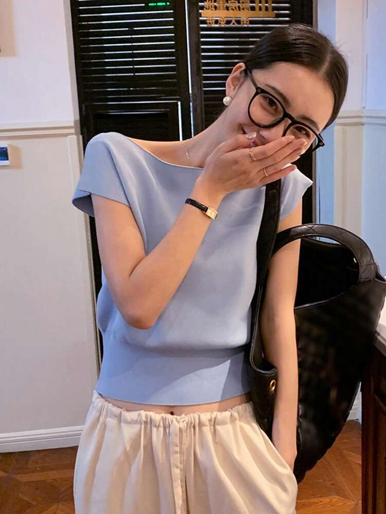 Women's Solid Color Minimalist Off-Shoulder Knit Top, Everyday Wear