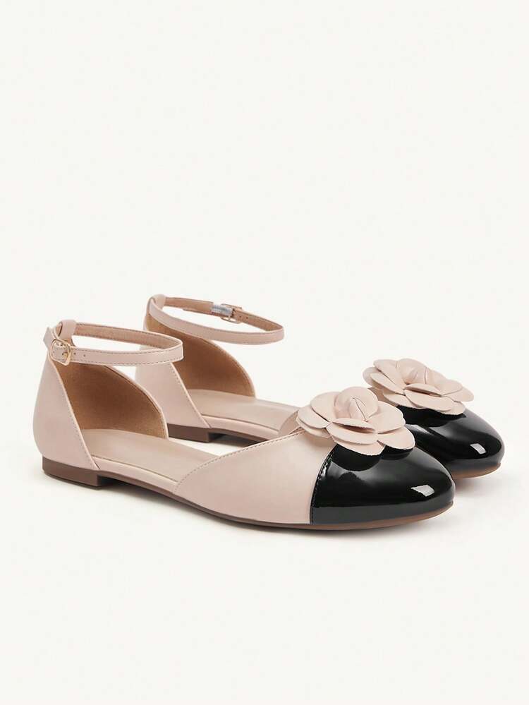 CUCCOO CHICEST Women Shoes Small Round Toe Flat Bottom Apricot Three-Dimensional Flower Building Color Splicing Ankle Strap Hollow Women's Low Vamp Flat Sole Shoes Light, Comfortable, Stylish And Elegant Daily Commuting Women's Flat Sole Shoes