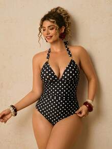 Travachic Traje de baño de una pieza con estampado de lunares y escote halter sin espalda para tallas grandes - Multicolor - Ver 7