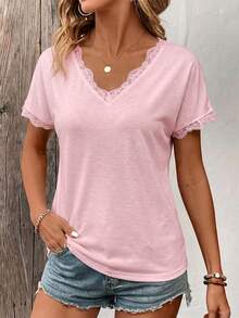 EMERY ROSE Camiseta casual versátil de mujer con cuello en V, manga corta y parches de encaje, nueva llegada para primavera/verano - Rosa - Ver 5